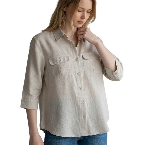 Liz Claiborne Tops - Women's 14 Liz Claiborne Beige Linen Button Front Shirt 3/4 Length Sleeves